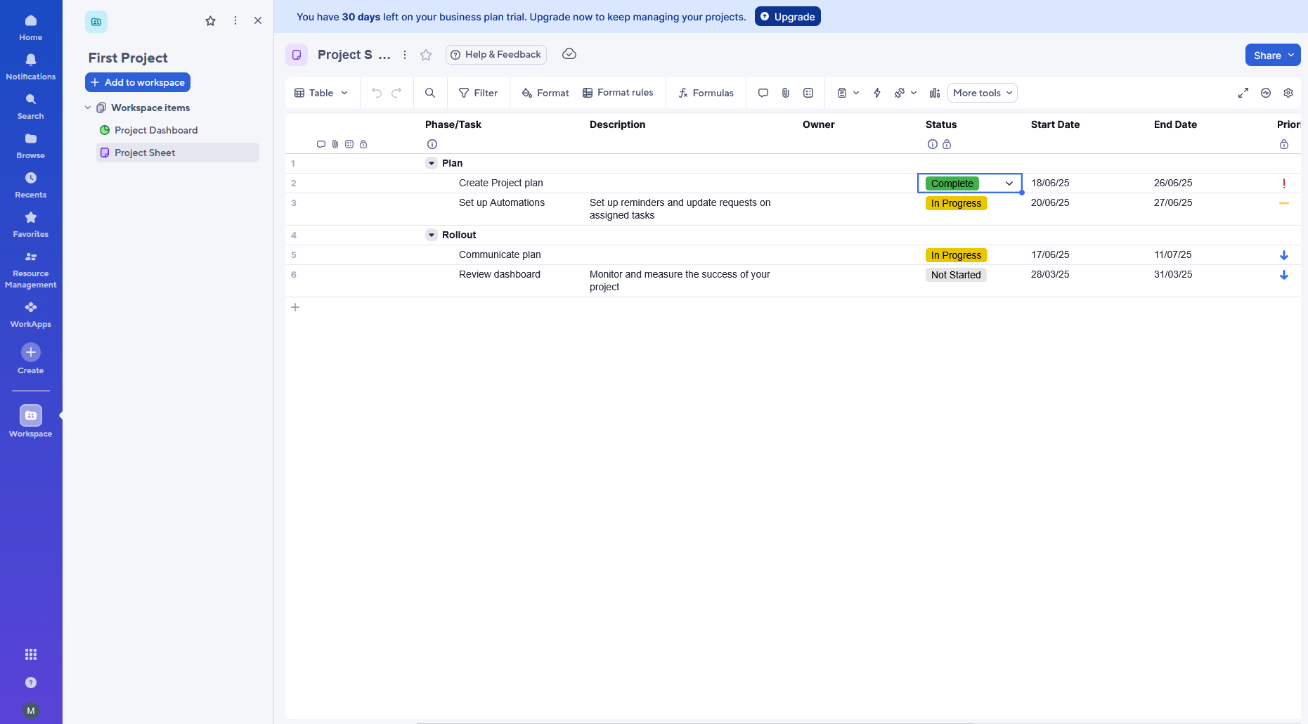A sheet view in Smartsheet