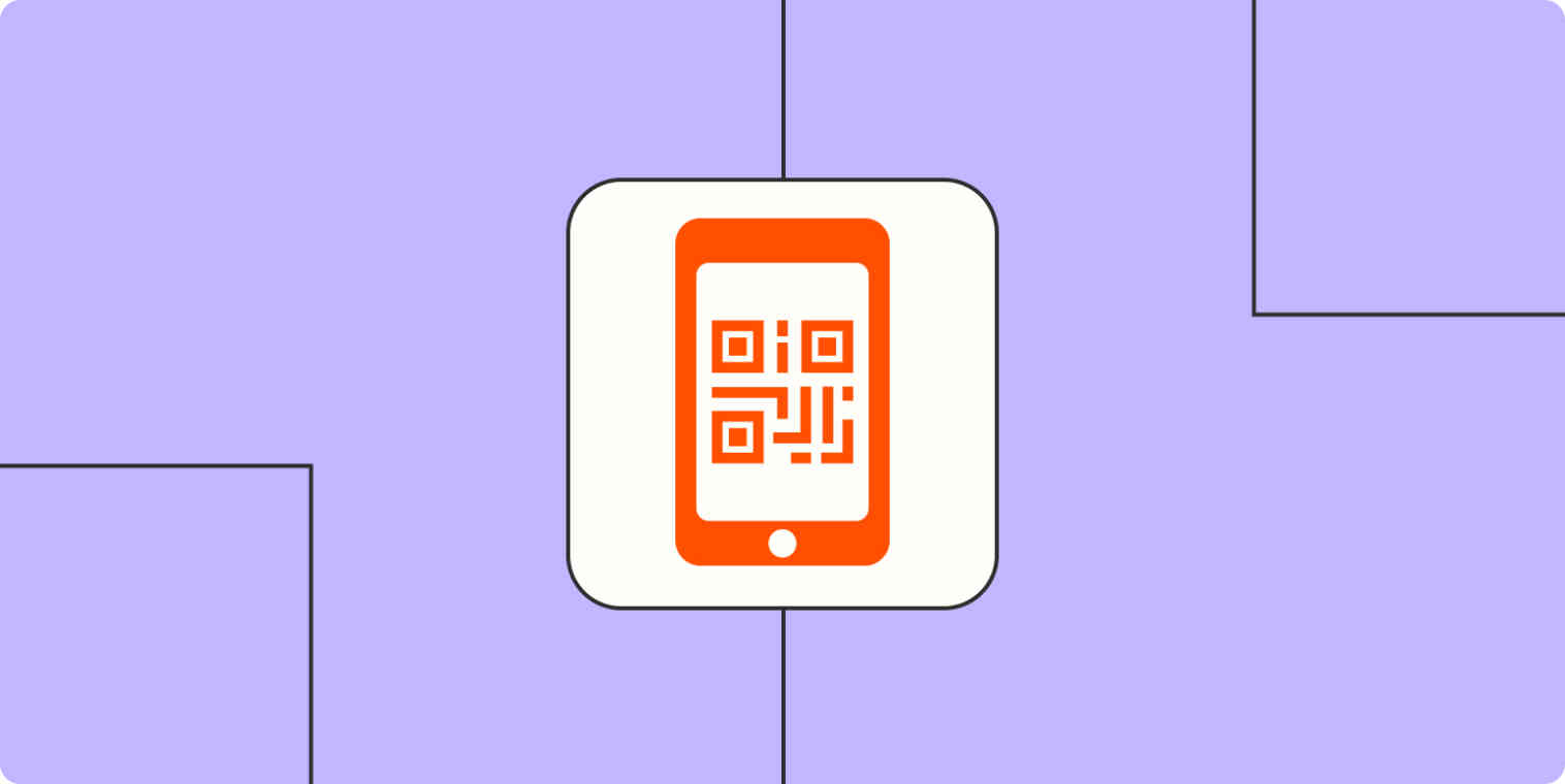 An orange phone icon with a QR code on the screen on a light purple background.