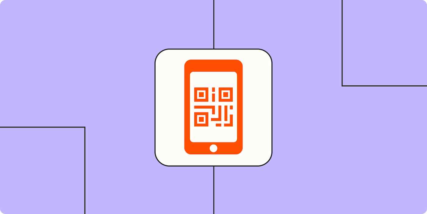 An orange phone icon with a QR code on the screen on a light purple background.