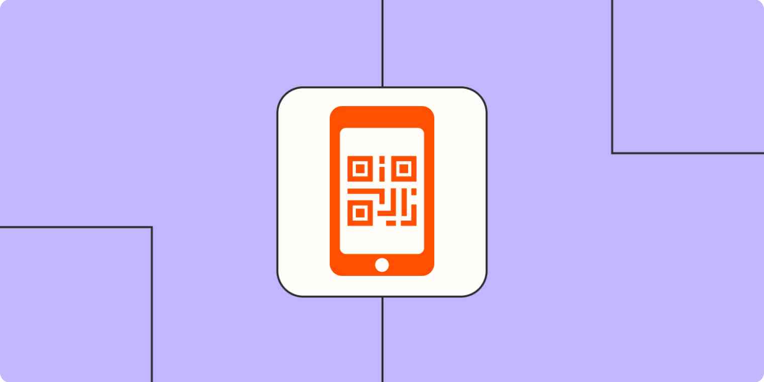 An orange phone icon with a QR code on the screen on a light purple background.