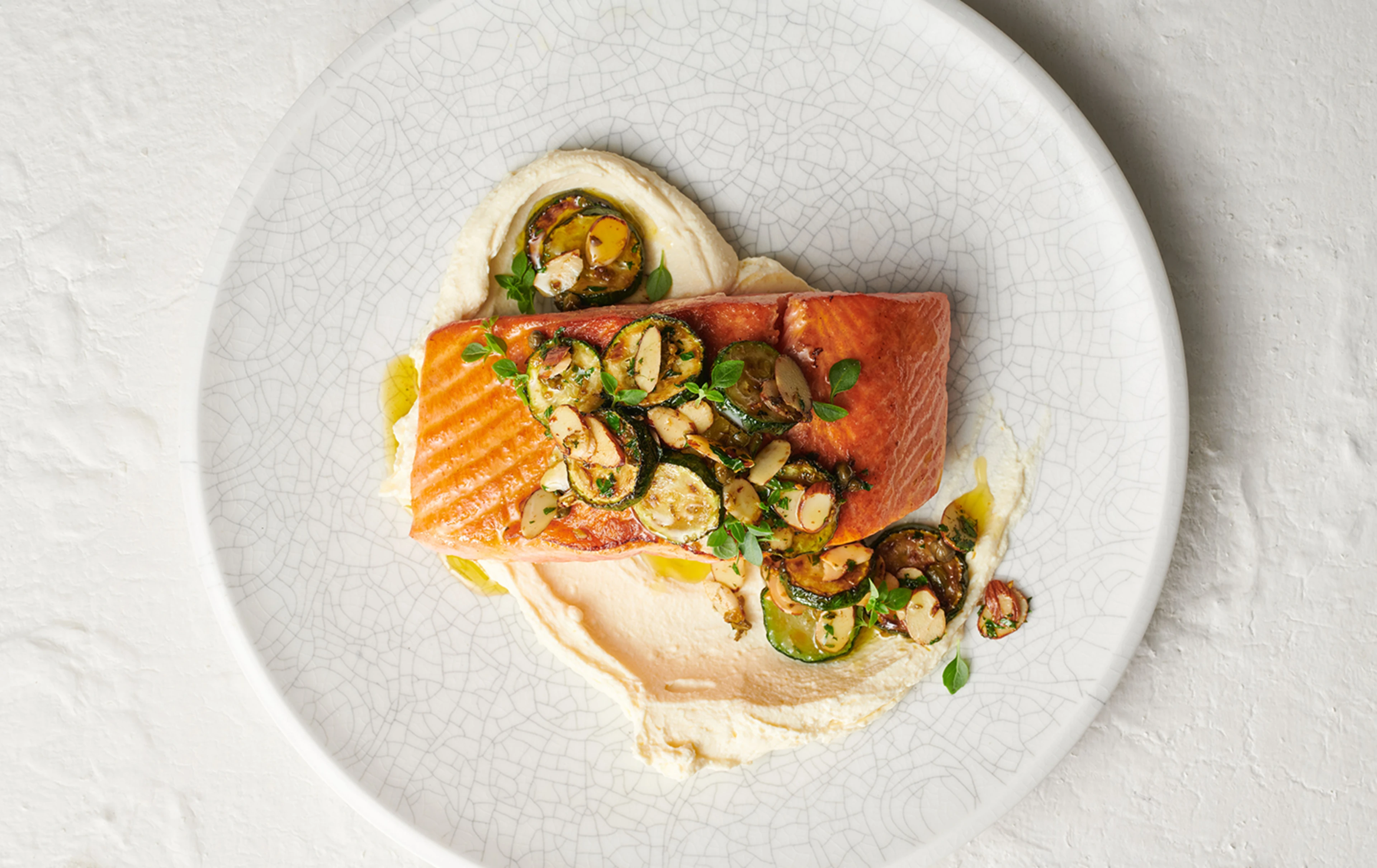 Big Glory Bay king salmon with whipped lemon ricotta, fried zucchini and roasted almonds