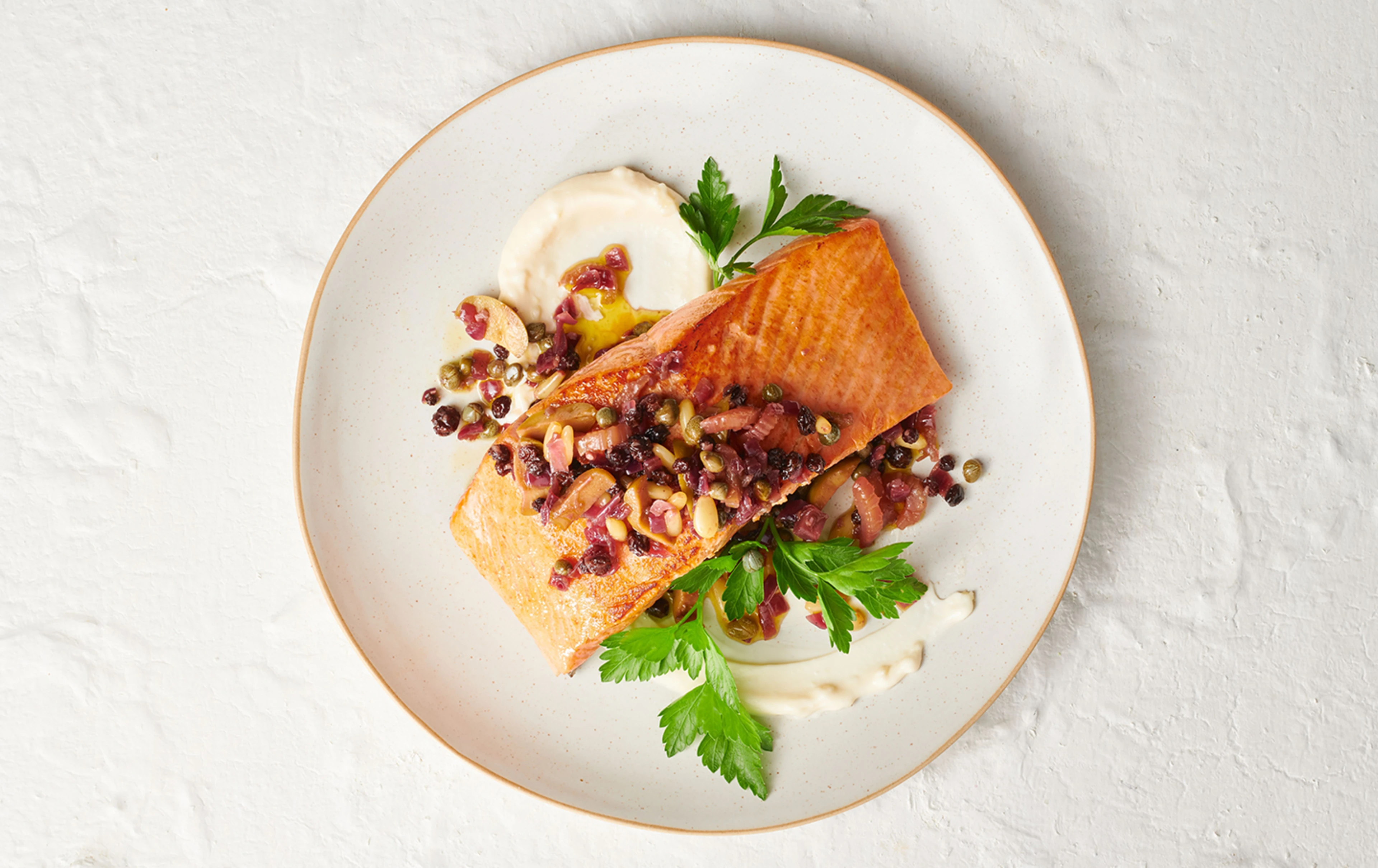 Big Glory Bay King Salmon with a sicilian olive pine nut and caper relish