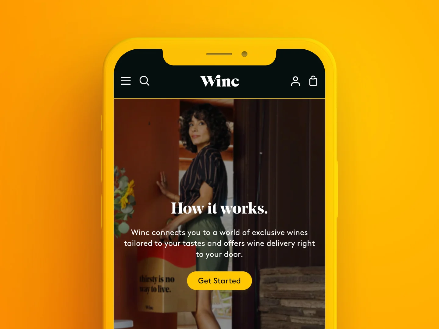 A preview of the Winc homepage on a mobile device mockup