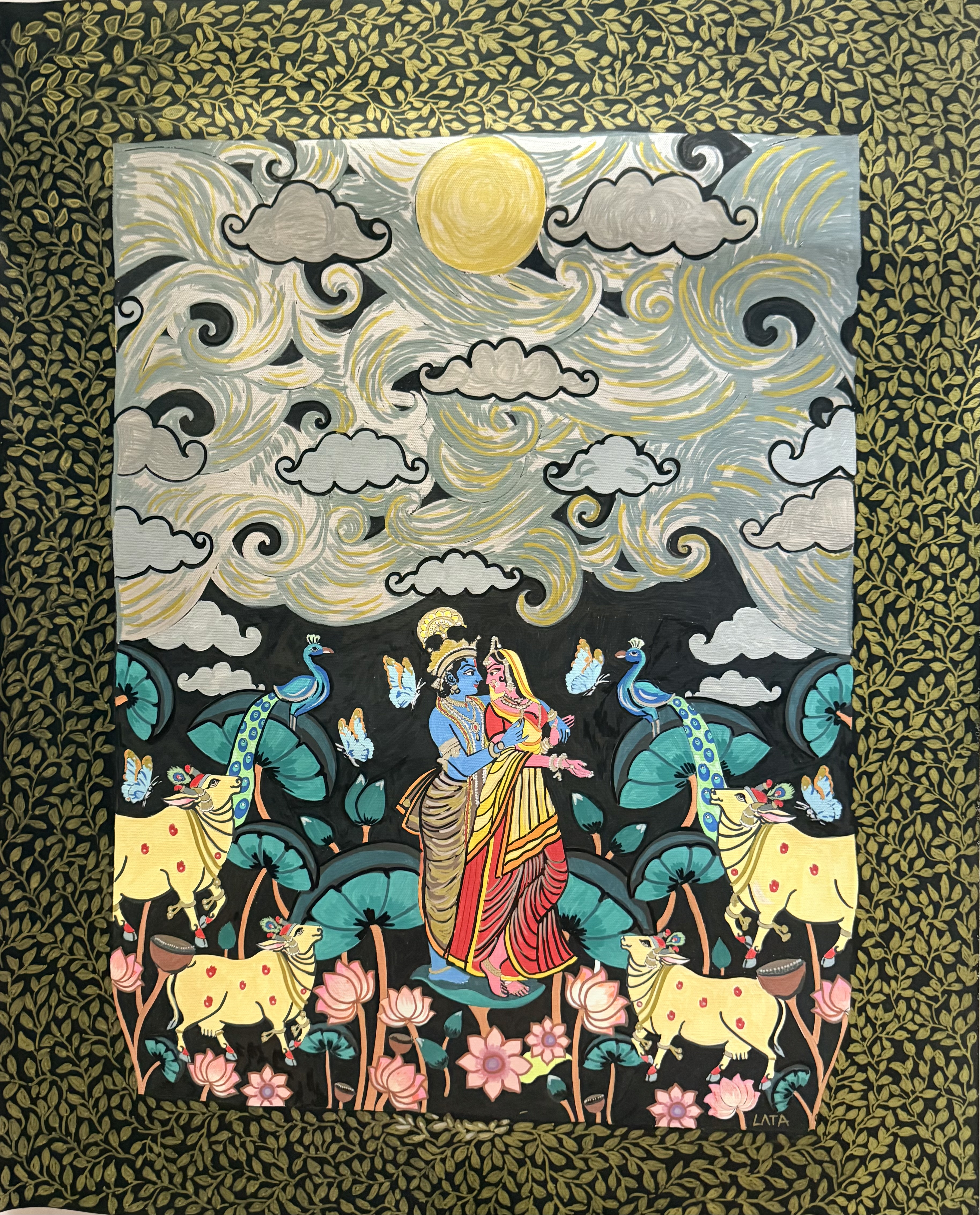 This vibrant composition draws from traditional Pichwai art, centering on the divine love of Krishna and Radha amidst a lush, symbolic landscape. Surrounded by lotus blooms, peacocks, and sacred cows, the scene evokes harmony, devotion, and the rhythm of nature under a radiant, swirling sky. The intricate border and stylized forms create a timeless celebration of spirituality and beauty.