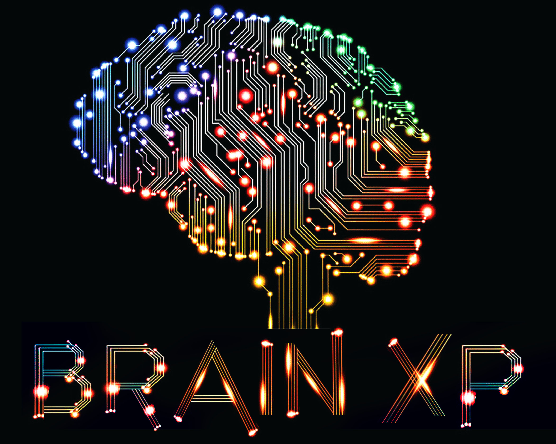 A multi-colored lit up brain with the words "Brain XP" underneath it
