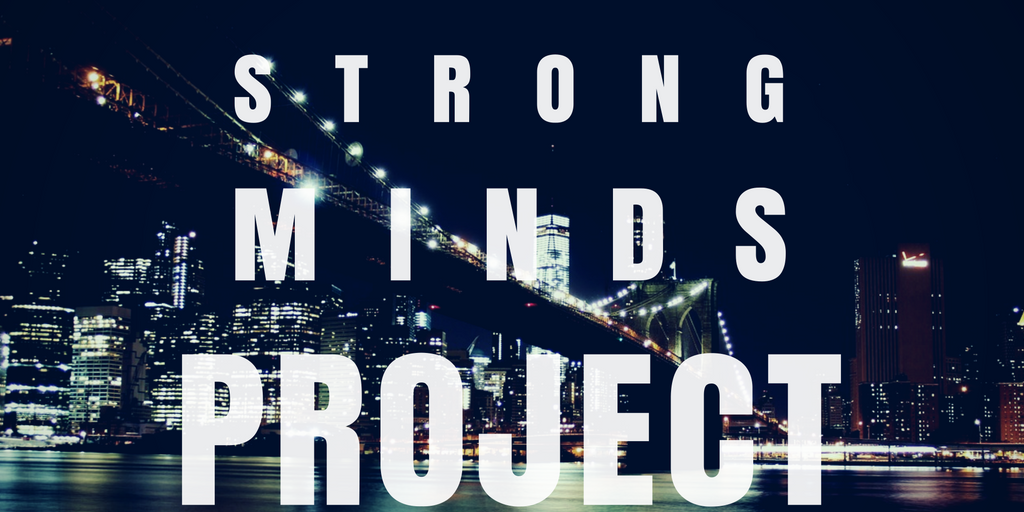 Night city background with the words Strong Minds Project in the front in white