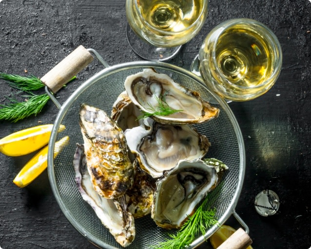 Oysters paired with glasses of Sauvignon Blanc wine