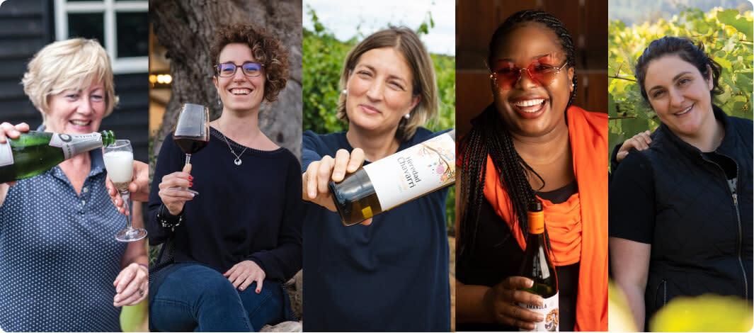 A collage of women winemakers with their wine and vineyards