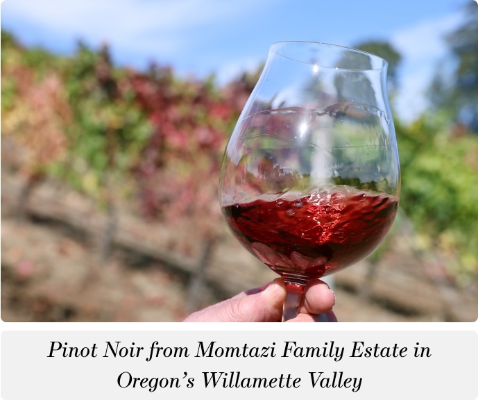 A glass of Momtazi Family Estate Pinot Noir from Willamette Valley, Oregon, recommended wine for 4th of july celebrations