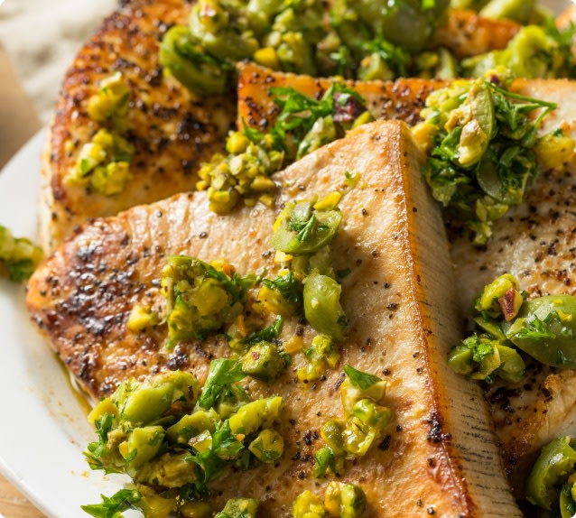 Grilled swordfish steaks with olive tapenade