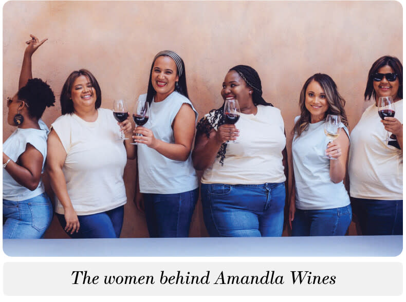 A group of South African women happily holding up glasses of wine. The caption below the photo reads: "The women behind Amandla Wines".