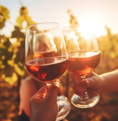 Glasses of wine cheers in a vineyard