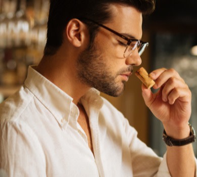 Man sniffing wine cork 