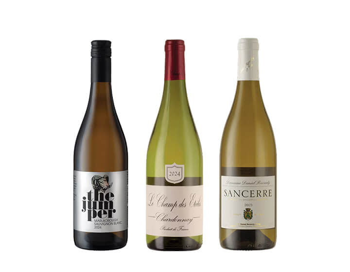 Three bottles of white wine on a blank background