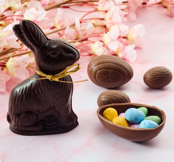 Easter chocolate rabbit and eggs