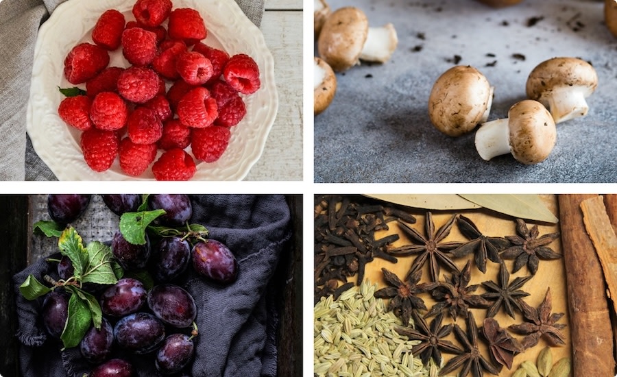 Tasting notes of Pinot Noir wine - raspberry, mushroom, plum, spice