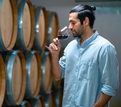Man tasting merlot wine, standing next to barrels