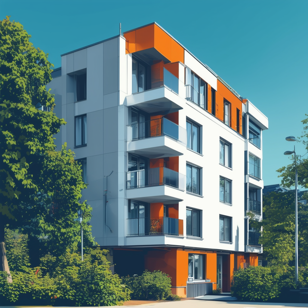 High-quality flat vector illustration of an expertly evaluated property in Frankfurt am Main featuring modern architecture and prime location surrounded by lush greenery highlighting the importance of accurate market analysis professional valuation and rel