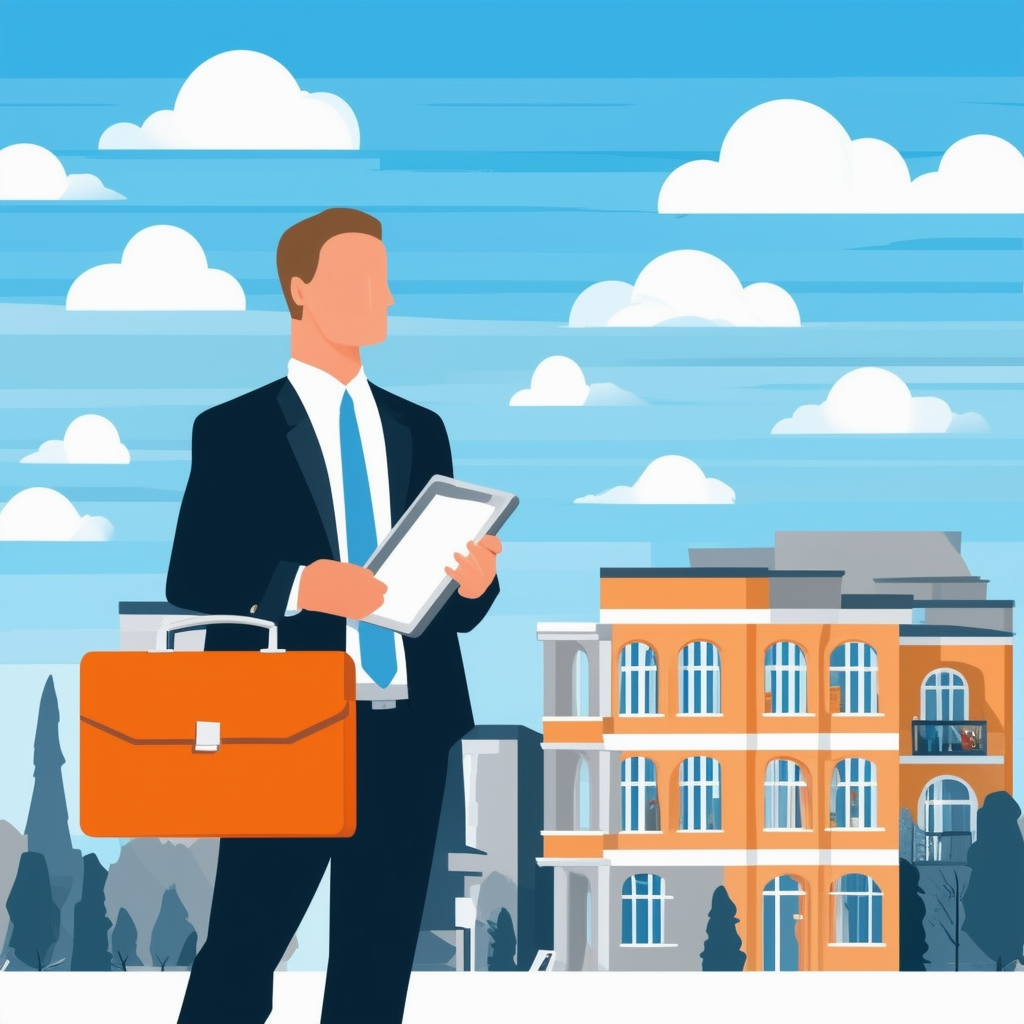 Professional Real Estate Agent Standing in Front of Modern Building with Briefcase and Tablet Surrounded by Architectural Elements Set Against Bright Blue Sky with Fluffy White Clouds.