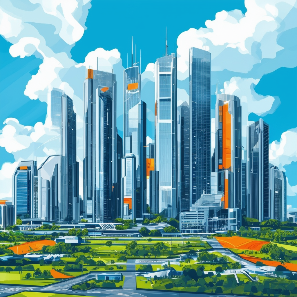 Future cityscape illustration featuring modern skyscrapers green parks sustainable energy sources bright blue sky with white clouds hex colors: White ffffff Orange ec6707 Blue 1398f8 Dark Gray 595857 Light Gray a6a7a8.