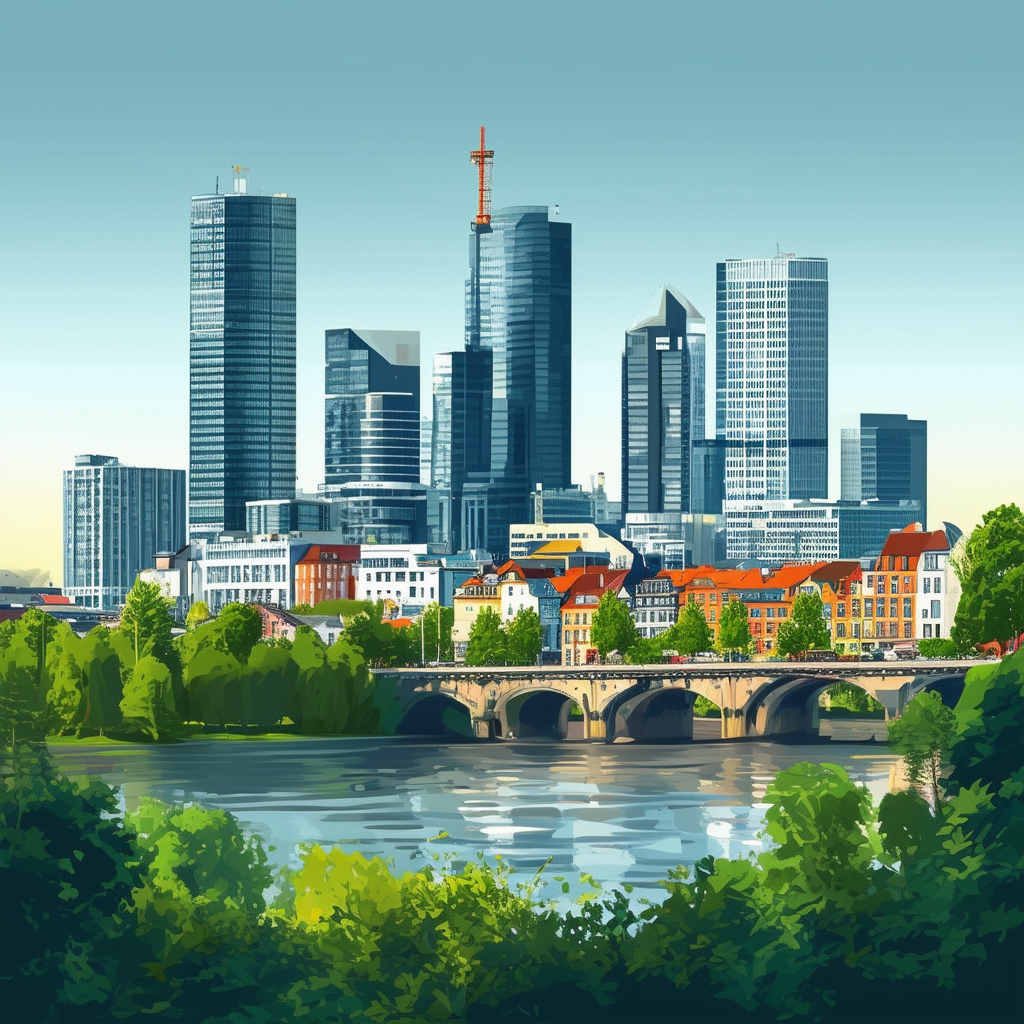 High-quality flat vector illustration showcasing Frankfurts thriving real estate market featuring modern skyscrapers and sustainable buildings surrounded by lush greenery symbolizing growth innovation eco-friendliness utilizing Hex colors: White ffffff Ora