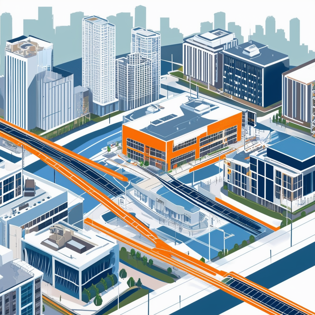 Eine moderne flache Vektorillustration einer urbanen Landschaft mit Infrastruktur Verkehrsanbindung und Naehe zu Bildungs- und Einzelhandelsmoeglichkeiten in Weiss Orange Blau Dunkelgrau und Hellgrau.