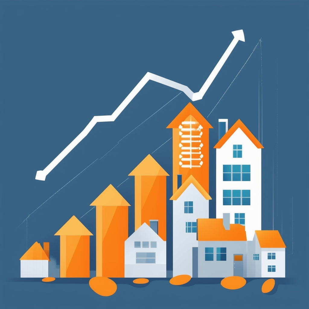 Eine flache Vektorillustration des schwankenden Immobilienmarktes mit einer Mischung aus Optimismus und Vorsicht die ein Farbschema aus Weiss ffffff Orange ec6707 Blau 1398f8 Dunkelgrau 595857 und Hellgrau a6a7a8 verwendet.