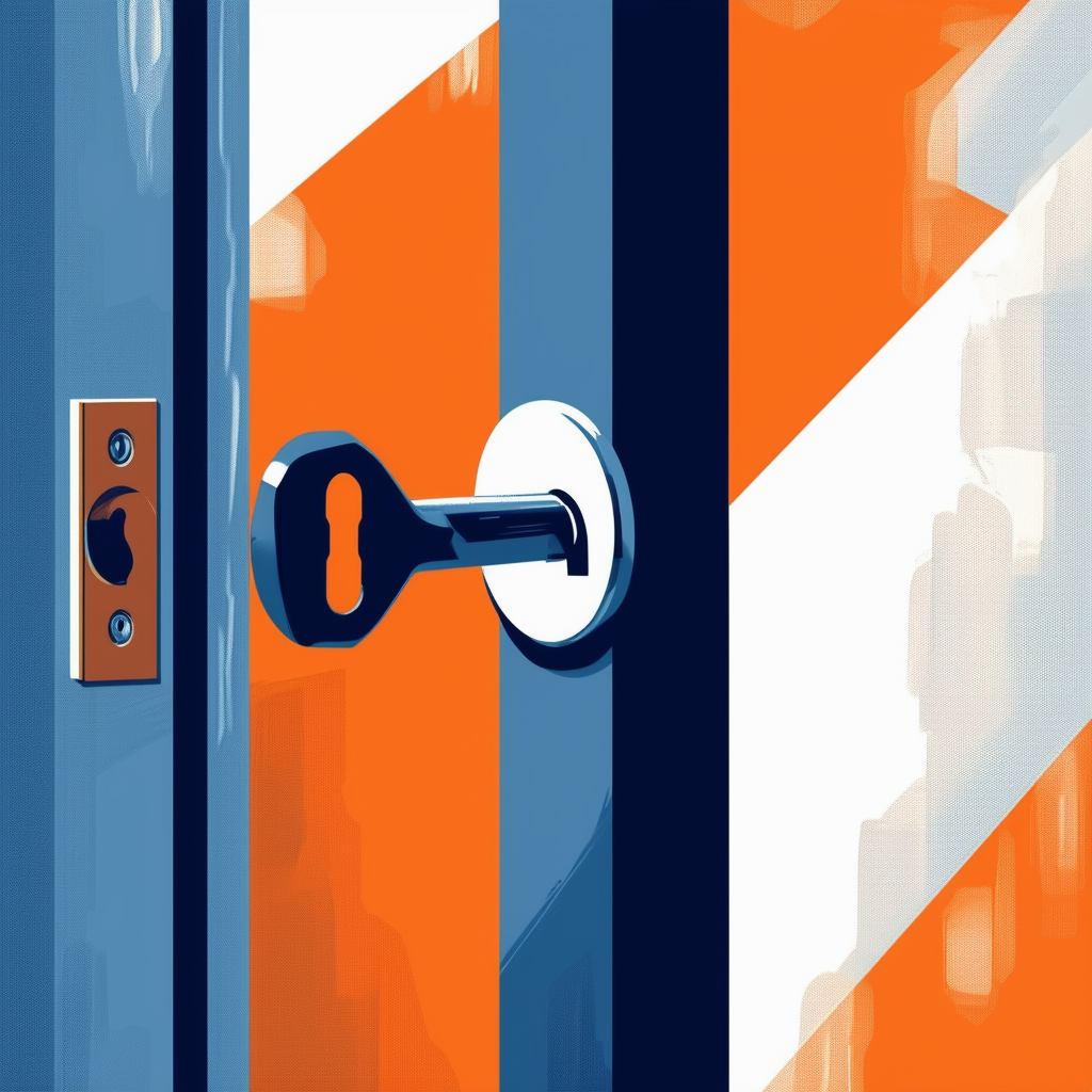 Unlocking Success: Key to Bright Future in Real Estate Market - Vector Illustration with Bold Lines Geometric Shapes  Vibrant Colors White Orange Blue DarkGray LightGray.