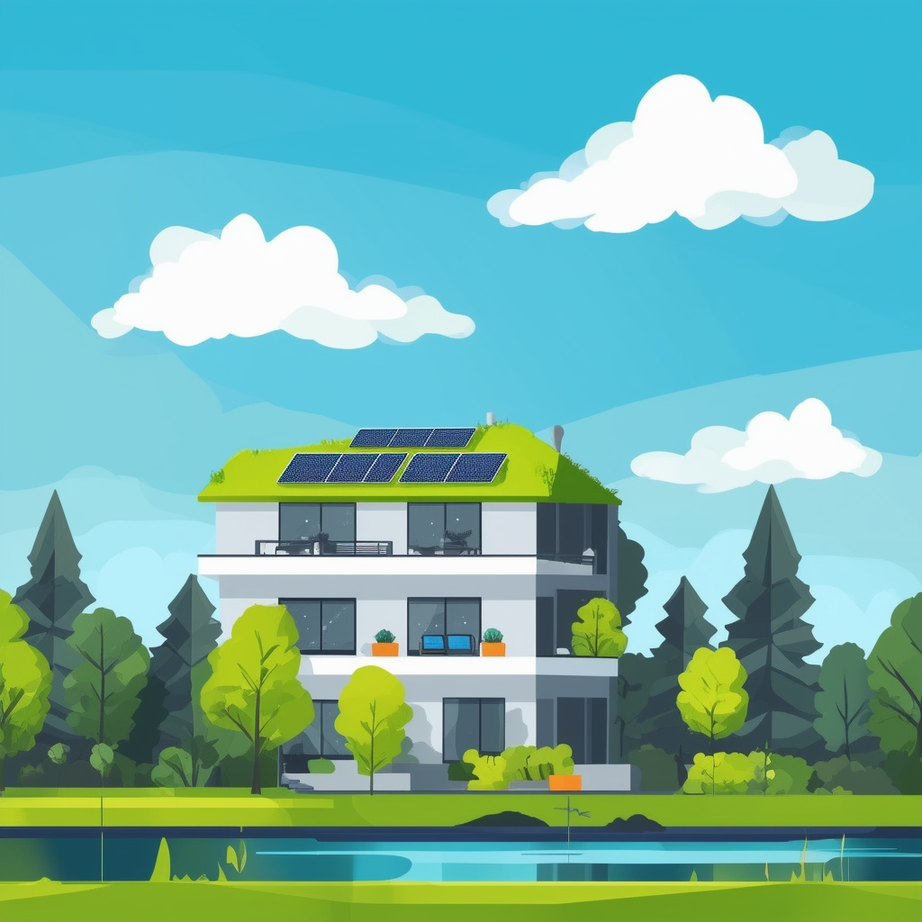 Modern apartment building with green roof solar panels energy-efficient windows serene lake view lush trees white clouds blue sky sustainable living eco-friendly design calming colors: White ffffff Orange ec6707 Blue 1398f8 Dark Gray 595857 Light Gray a6a7