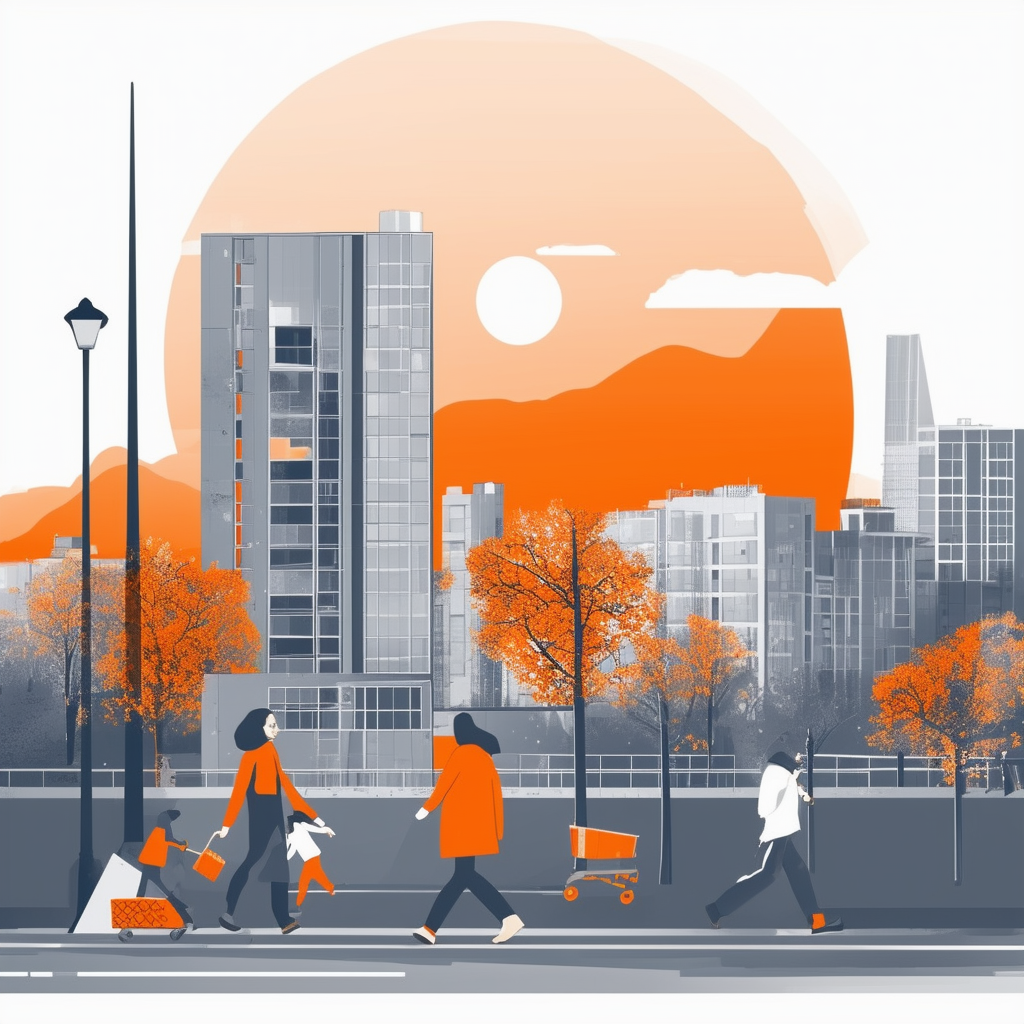 High-quality flat vector illustration of Frankfurts skyline featuring a modern apartment building with happy family moving in showcasing bright orange accent color ec6707 and subtle gradient effects. Clean lines geometric shapes calming shades like light g