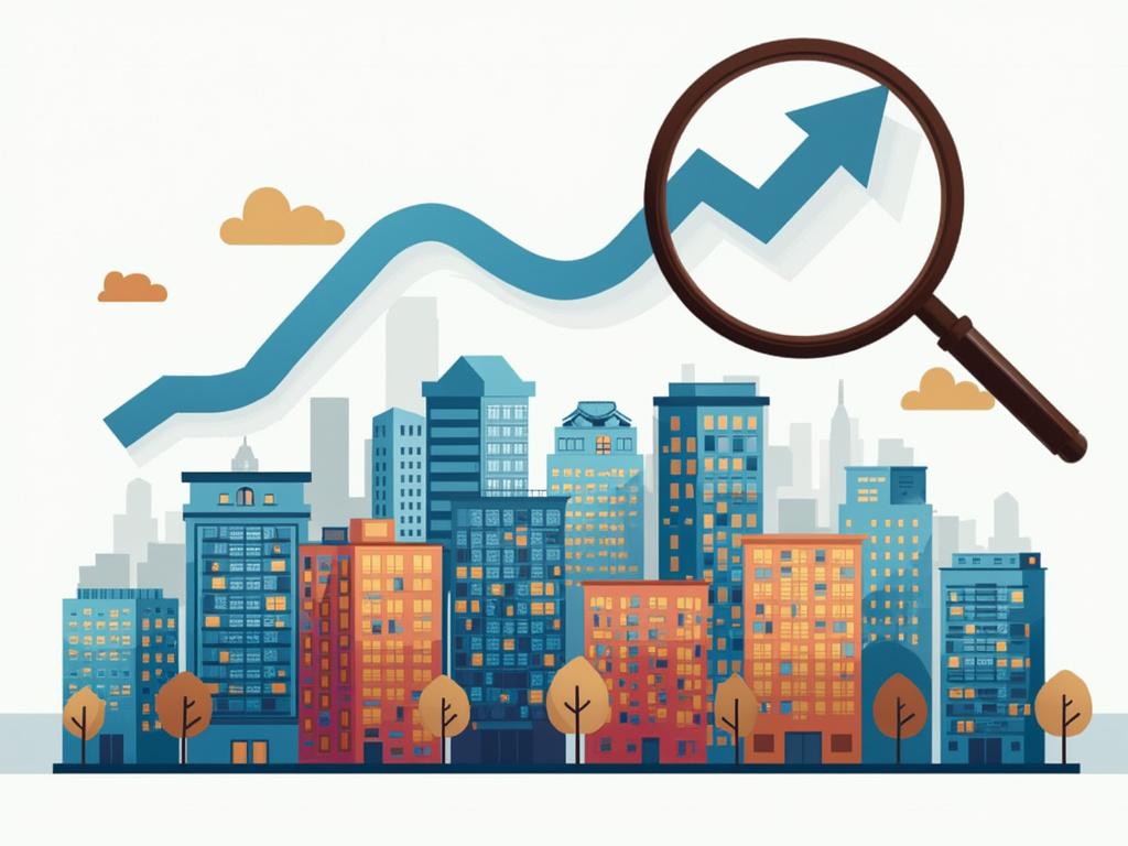 Minimalistische Illustration einer Skyline mit Wohngebauden und Aufwartspfeilen die Marktwachstum und Immobilien-Trends 2025 zeigen.