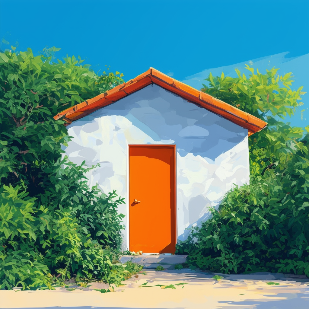 Cozy home surrounded by lush greenery bright orange door serene blue sky subtle gradient effects for depth and dimensionality White ffffff Orange ec6707 Blue 1398f8 Dark Gray 595857 Light Gray a6a7a8.