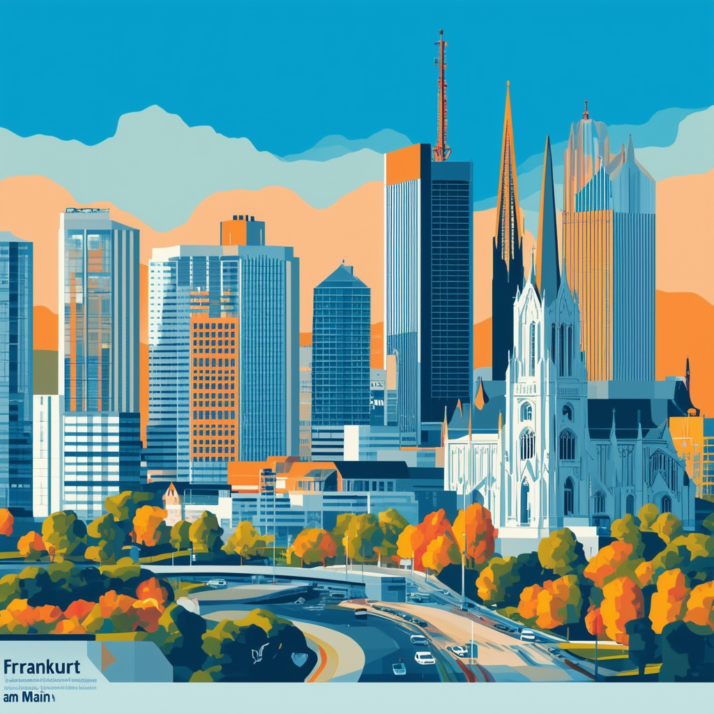 Futuristic Frankfurt am Main cityscape with modern skyscrapers green parks street art Roemerberg square St. Pauls Church Frankfurt Cathedral bold lines geometric shapes pastel colors: White ffffff Orange ec6707 Blue 1398f8 Dark Gray 595857 Light Gray a6a7a