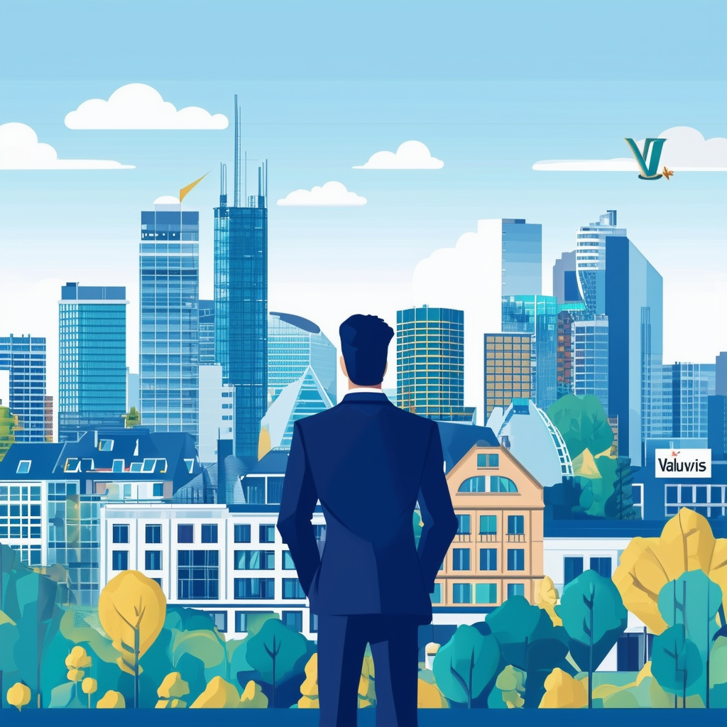 High-quality flat vector illustration of Frankfurts skyline serving as a captivating backdrop for an energetic real estate agent Immobilienmakler confidently standing at the forefront surrounded by various architectural elements symbolizing diverse service