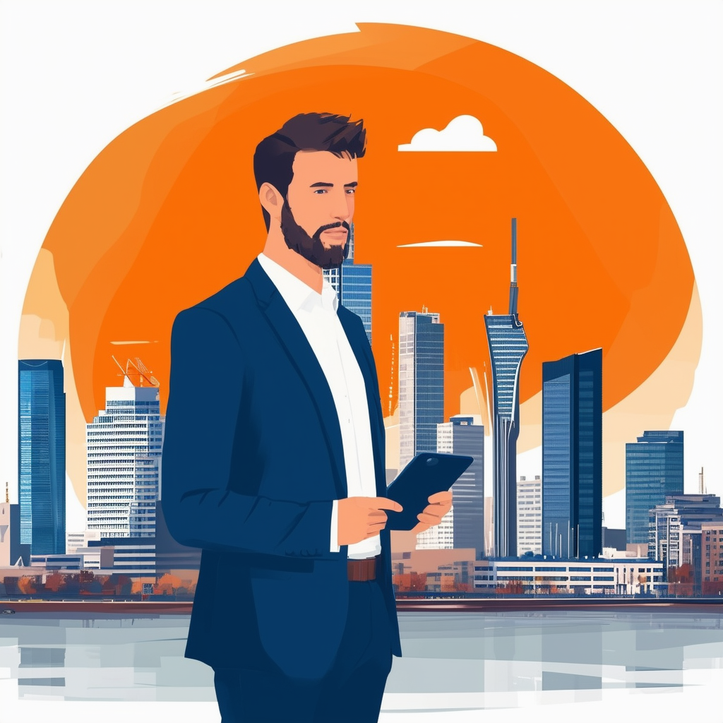 Professional real estate agent Maximilian Ruecker standing in front of modern Frankfurt skyline holding tablet displaying house sale contract surrounded by vibrant colors: White ffffff Orange ec6707 Blue 1398f8 Dark Gray 595857 and Light Gray a6a8a8.