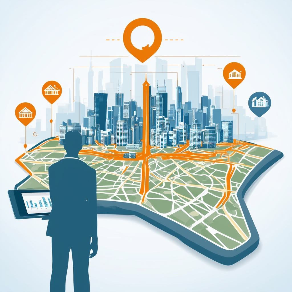 Alt Text: Accurate Property Valuation  Sales Strategy Illustration for Frankfurts Housing Market featuring stylized map of Frankfurt neighborhoods with demand arrows highlighting city center areas silhouette person holding tablet surrounded by icons repres