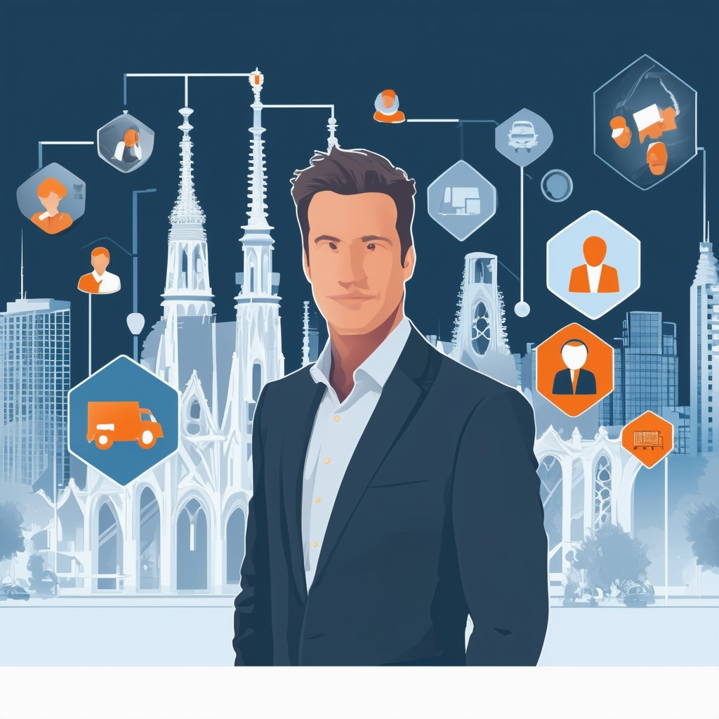 Professional Real Estate Agent in Frankfurt Skyline Surrounded by Icons Representing Services Expertise Client Satisfaction Modern Architecture Urban Landscape Skyscrapers Buildings Cityscape Urban Development Growth Prosperity Success Ambition Motivation