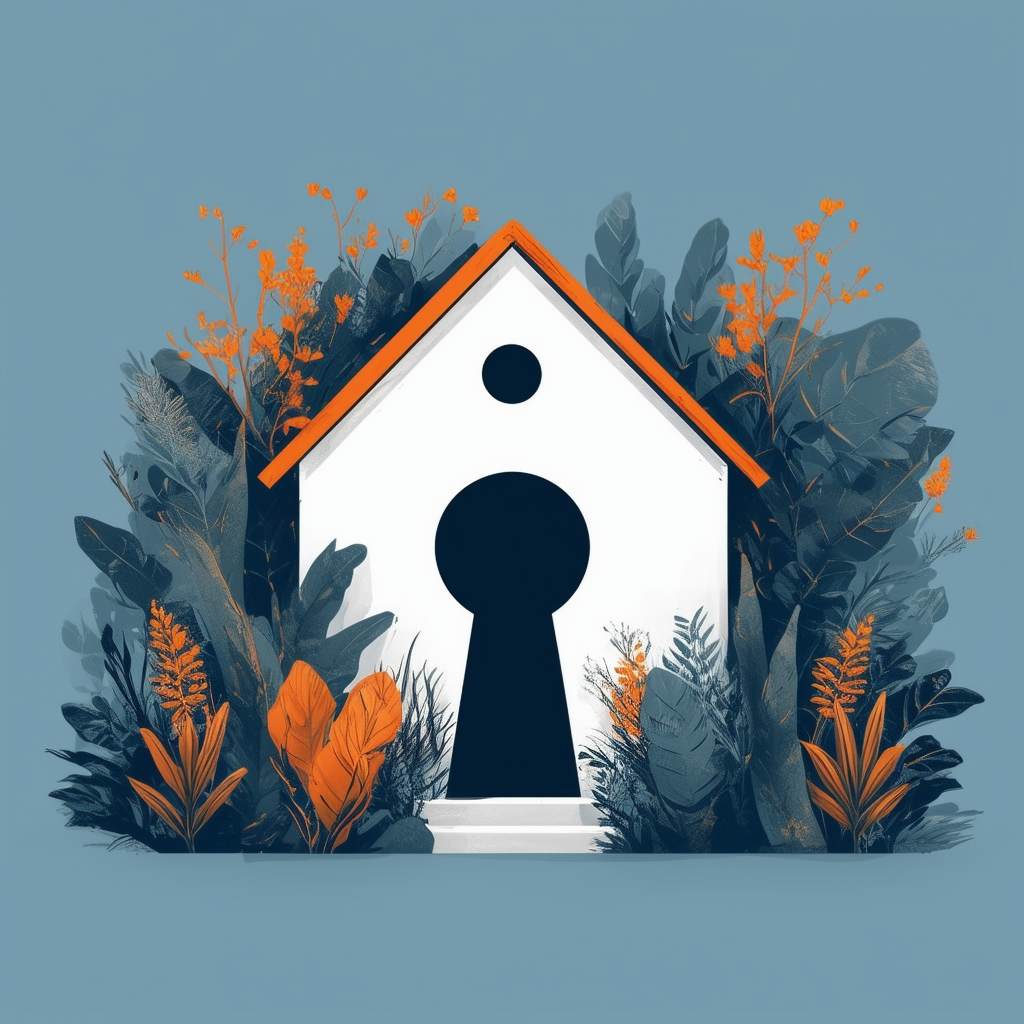 Precise house illustration keyhole entrance lush greenery blue 1398f8 warm orange ec6707 dark gray 595857 light gray a6a7a8 white ffffff accents symbolizing accuracy in real estate valuation.