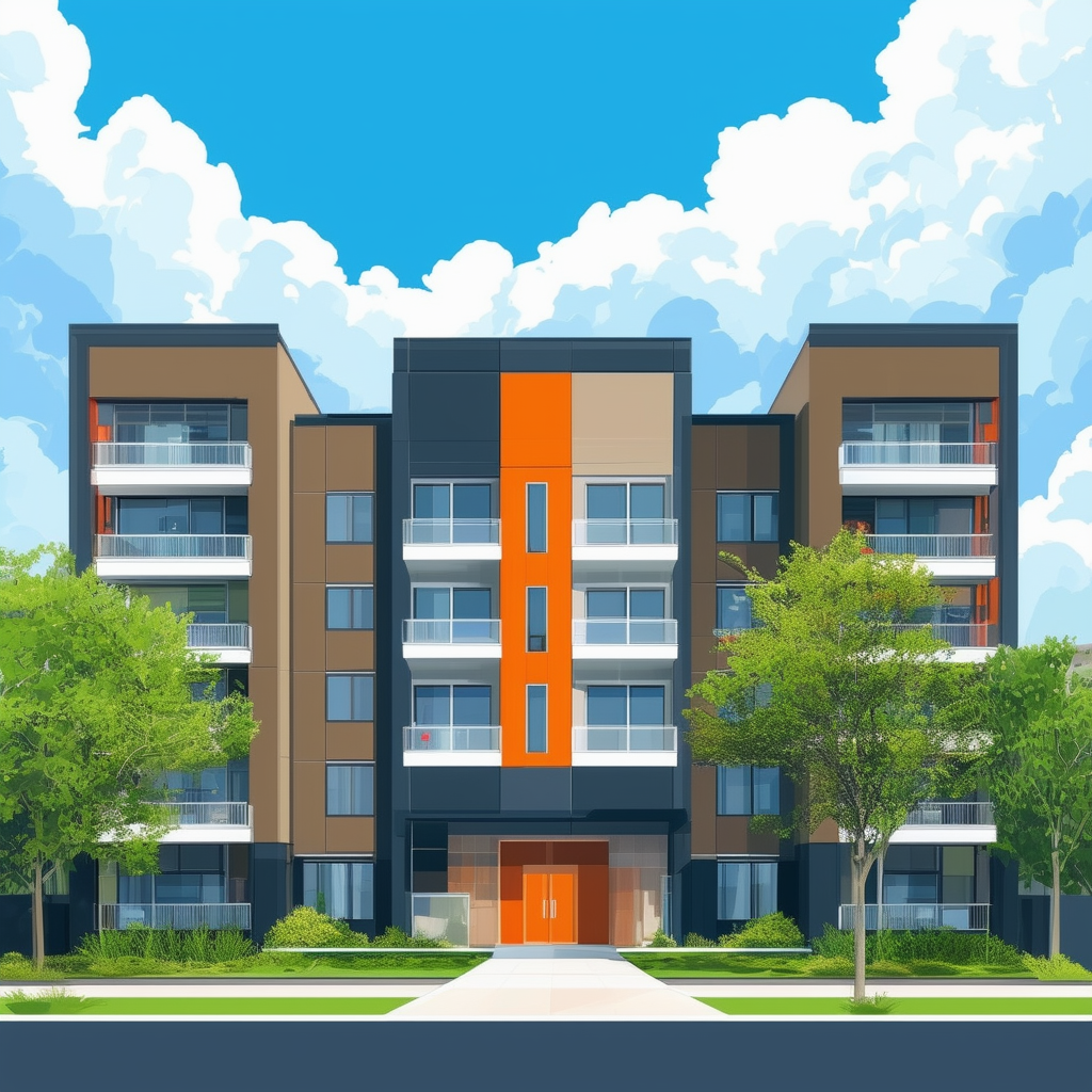 Modern apartment building with inviting entrance surrounded by lush greenery set against bright blue sky with fluffy white clouds featuring clean lines vibrant colors like White ffffff Orange ec6707 Blue 1398f8 Dark Gray 595857 Light Gray a6a7a8.