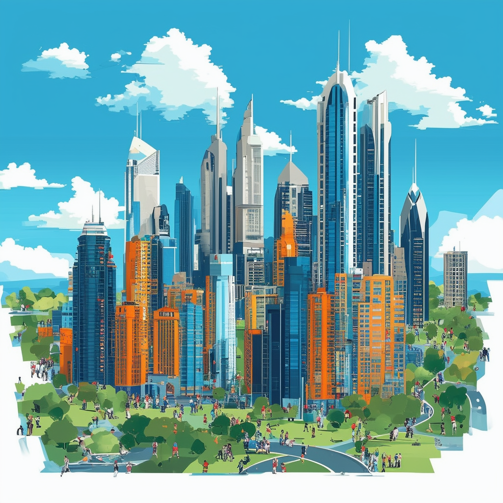 Future cityscape illustration featuring modern skyscrapers lush green spaces diverse population bright blue sky with white clouds incorporating Hex colors: White ffffff Orange ec6707 Blue 1398f8 Dark Gray 595857 Light Gray a6a7a8.