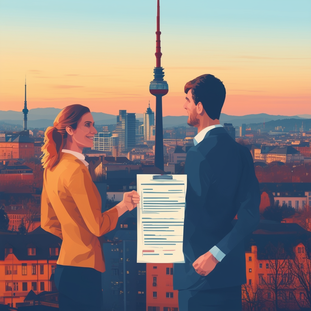 Professional contract between landlord and tenant: Mietvertrag lease agreement highlights key clauses rent payment maintenance responsibilities termination conditions Frankfurt skyline at sunset warm hues of orange ec6707 blue 1398f8 dark gray 595857 light