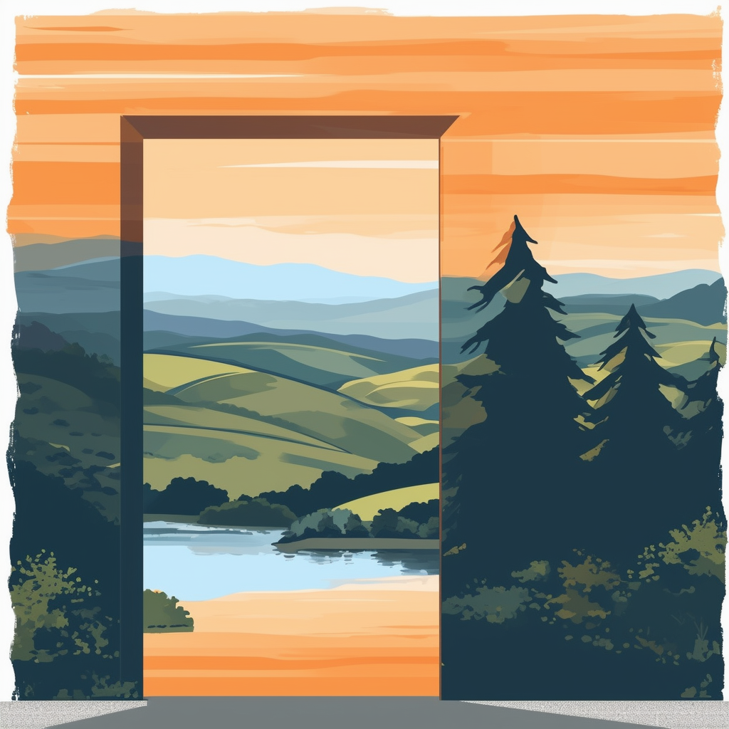 Unlocking serene landscapes: A house key opens doors to rolling hills trees lake views symbolizing property valuation for holiday homes featuring White ffffff Orange ec6707 Blue 1398f8 Dark Gray 595857 Light Gray a6a7a8.