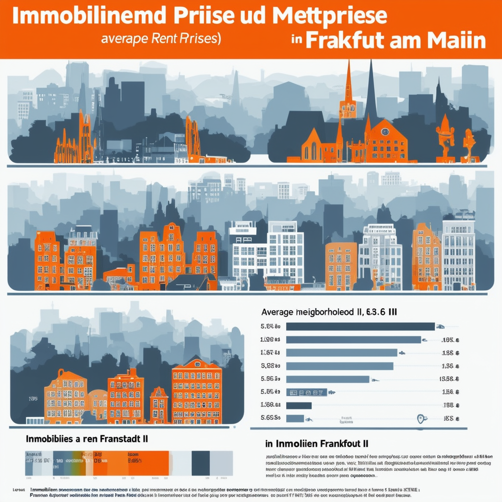 High-quality flat vector illustration showcasing Immobilienpreise und Mietpreise in Frankfurt am Main highlighting dynamic development trends with increasing average rent prices by 5.95 compared to the previous year. The image features popular neighborhood