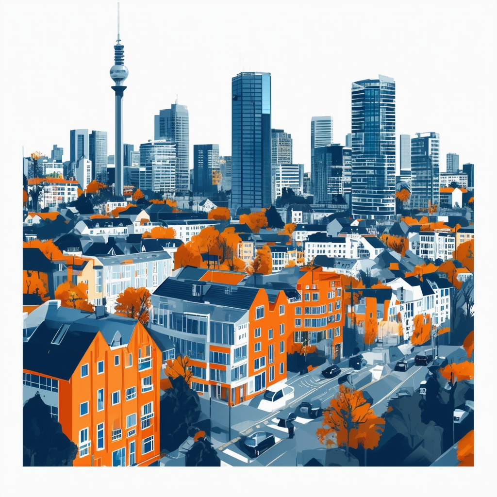 High-quality flat vector illustration showcasing Frankfurts modern cityscape with sleek skyscrapers vibrant streets diverse neighborhoods for residential properties family-friendly areas urban atmosphere luxurious living spaces set against a backdrop of Wh