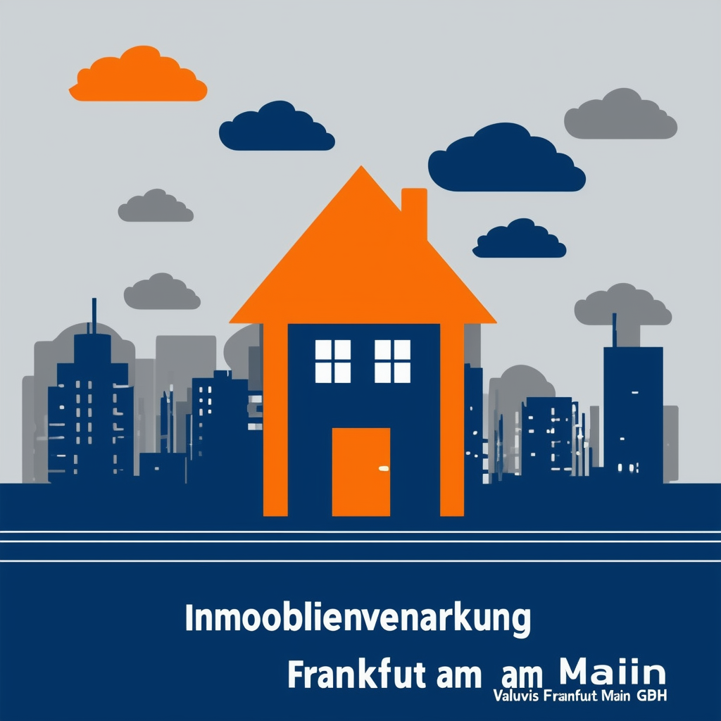 High-quality vector illustration of Immobilienvermarktung in Frankfurt am Main featuring a stylized house icon with bright orange roof surrounded by blue lines representing the citys skyline. Light gray clouds symbolize growth  development dark gray accent