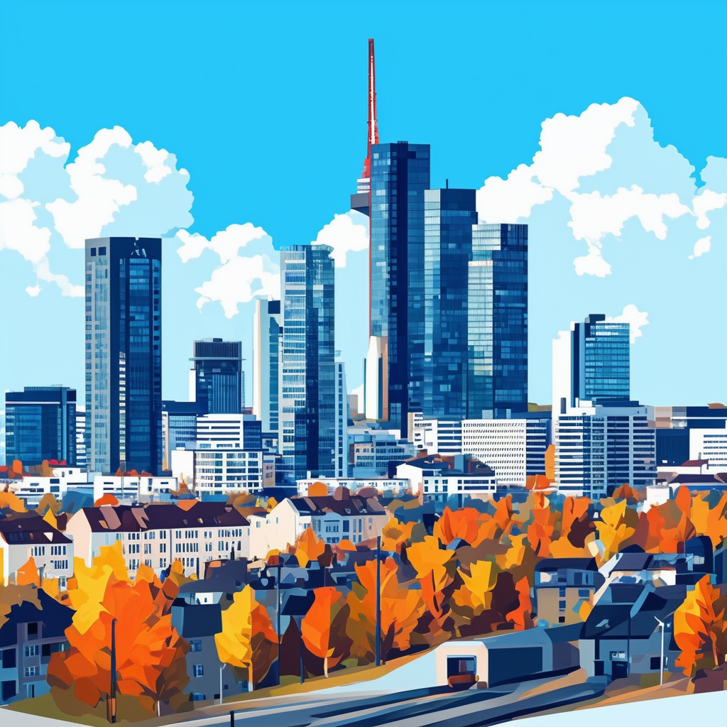 Futuristic Frankfurt skyline illustration featuring modern skyscrapers residential buildings bright blue sky with fluffy white clouds incorporating Hex colors: White ffffff Orange ec6707 Blue 1398f8 Dark Gray 595857 Light Gray a6a7a8.