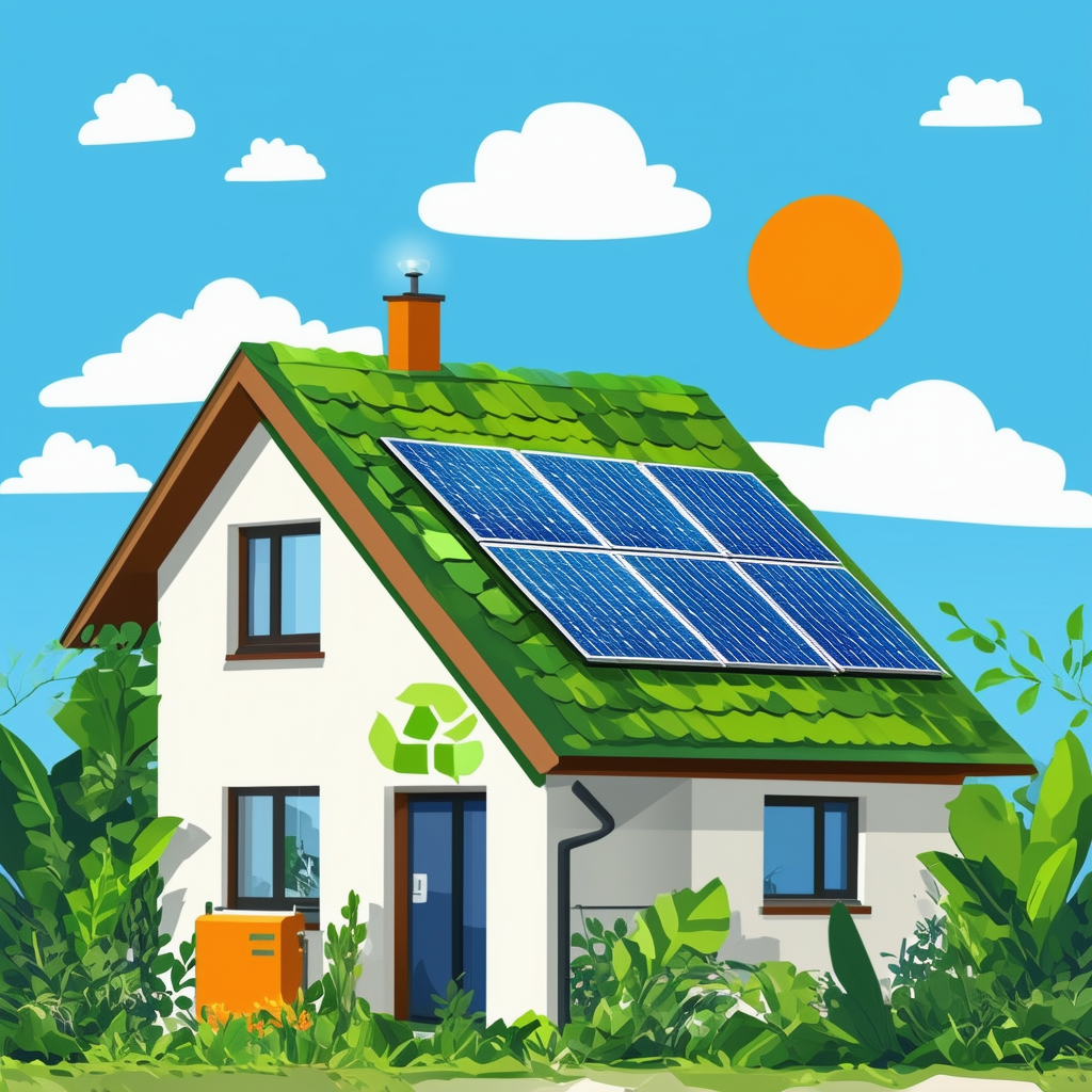 Eco-friendly home with green roof solar panels energy-efficient appliances surrounded by lush vegetation conveying sustainability comfort and value enhancement through energy efficiency.