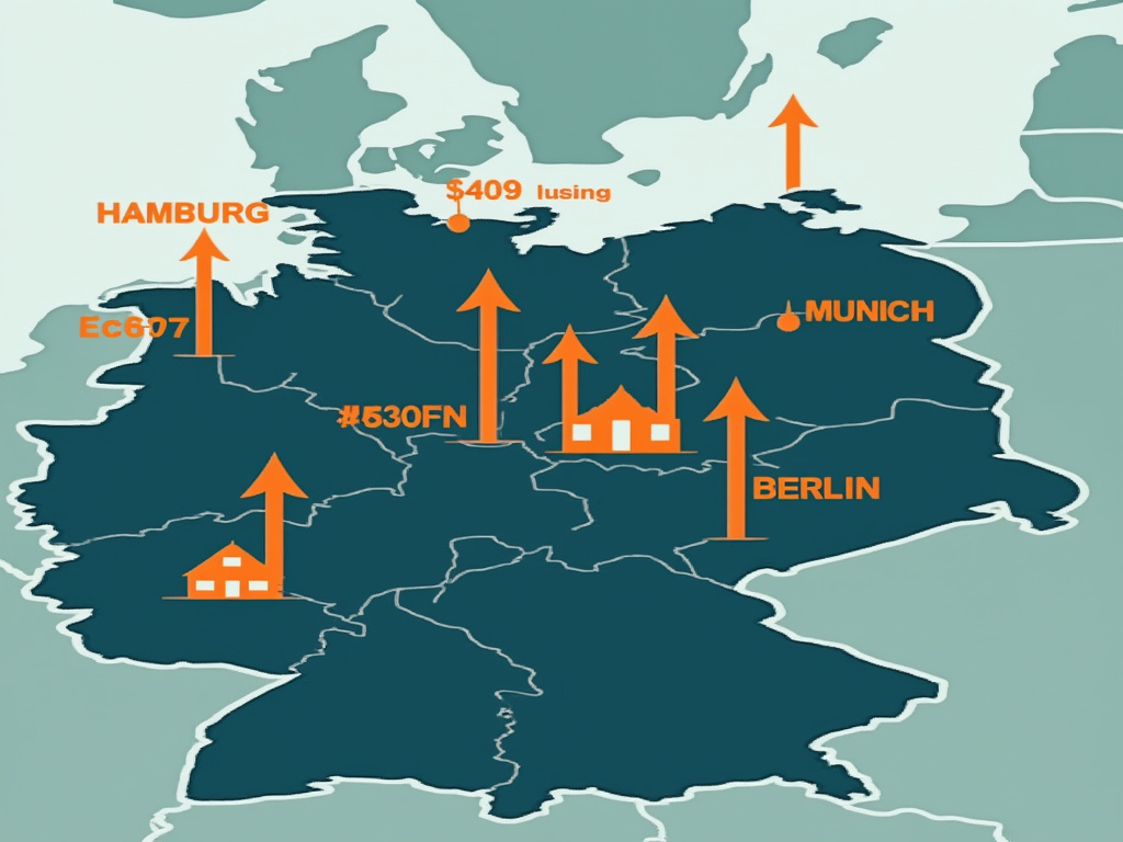 Vektorkarte von Deutschland mit Hamburg Muenchen Berlin Pfeile zeigen steigende Immobilienpreise in professionellen Farbtoenen.