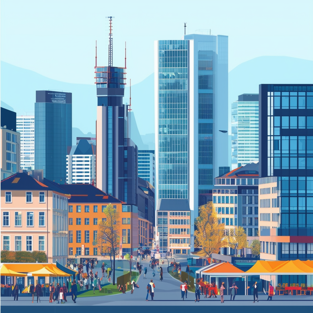 High-quality flat vector illustration showcasing modern Frankfurt cityscape with sleek skyscrapers vibrant streets bustling markets symbolizing dynamic world of real estate market highlighting expert guidance by experienced Immobilienmakler like Valuvis Gm