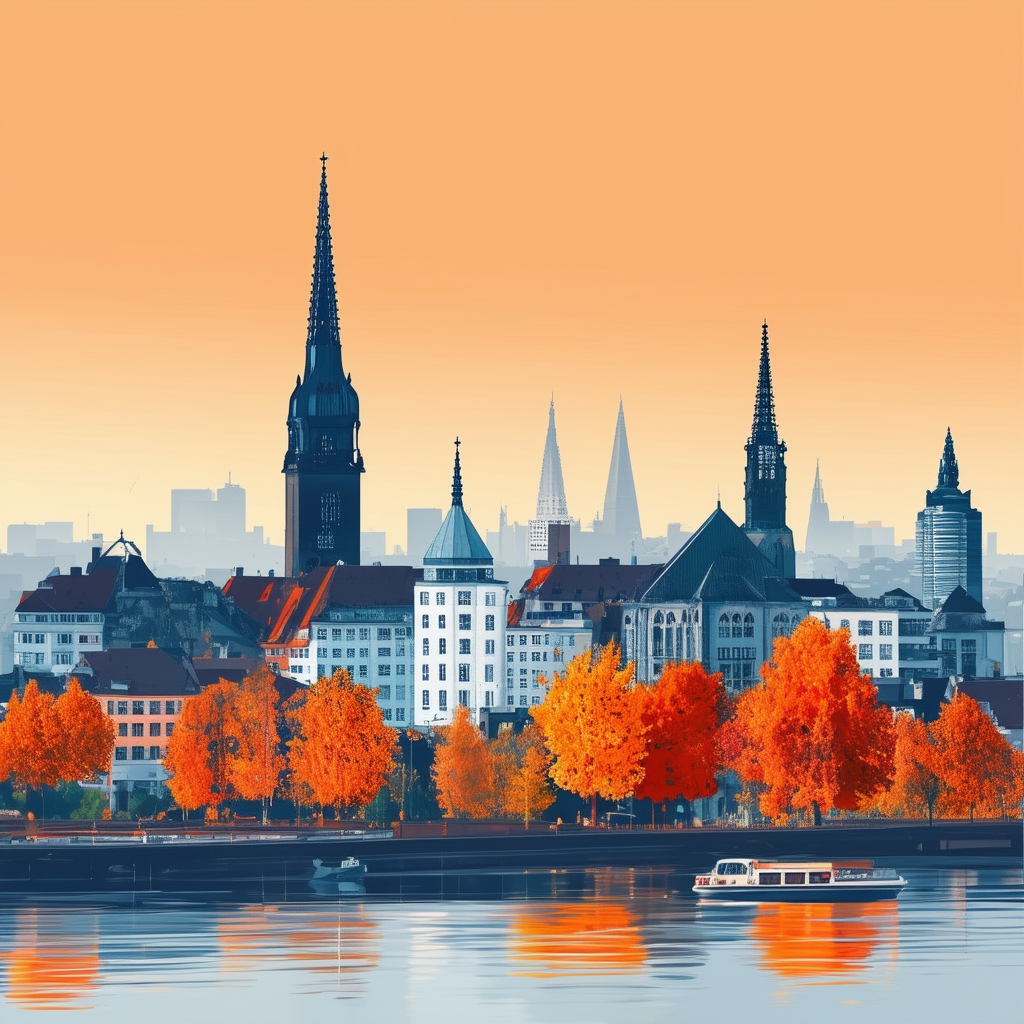 High-quality visually striking flat vector illustration showcasing Frankfurt skyline with seasonal twist featuring iconic buildings and landmarks in various colors: White ffffff Orange ec6707 Blue 1398f8 Dark Gray 595857 Light Gray a6a7a8.